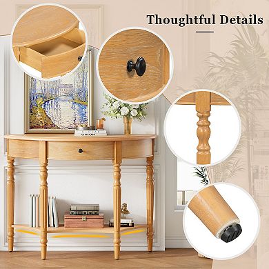 Trikiousd Farmhouse Half Moon Console Table Accent Table Sofa Table with Drawer & Shelf