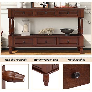 Trikiousd 54" Vintage 54'' 2-Tier Wood Couch Foyer Table Wood Console Table with 6 Drawers & Shelf