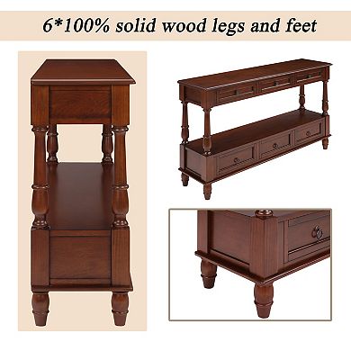 Trikiousd 54" Vintage 54'' 2-Tier Wood Couch Foyer Table Wood Console Table with 6 Drawers & Shelf