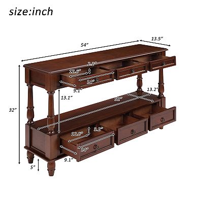 Trikiousd 54" Vintage 54'' 2-Tier Wood Couch Foyer Table Wood Console Table with 6 Drawers & Shelf