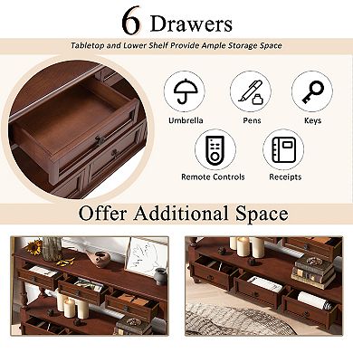 Trikiousd 54" Vintage 54'' 2-Tier Wood Couch Foyer Table Wood Console Table with 6 Drawers & Shelf