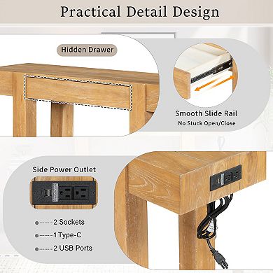 Trikiousd Rustic Minimalist Console Table Wood Entryway Table with Hidden Drawer & Power Outlet