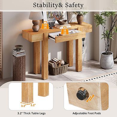Trikiousd Rustic Minimalist Console Table Wood Entryway Table with Hidden Drawer & Power Outlet