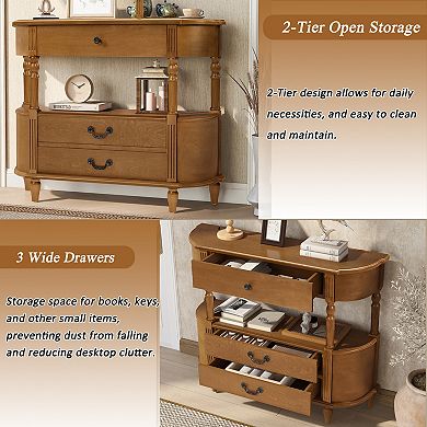 Trikiousd 43" Retro Curved Console Table Entry Table Sofa Table with 3 Drawers & Shelf