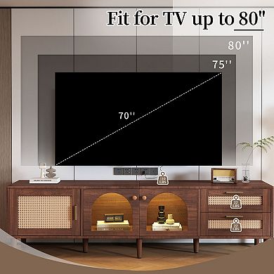 Trikiousd Rattan TV Stand with App-Controlled LED Lights for 80-Inch TV