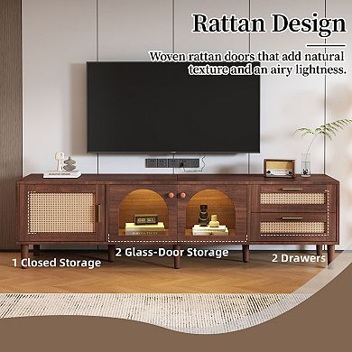 Trikiousd Rattan TV Stand with App-Controlled LED Lights for 80-Inch TV