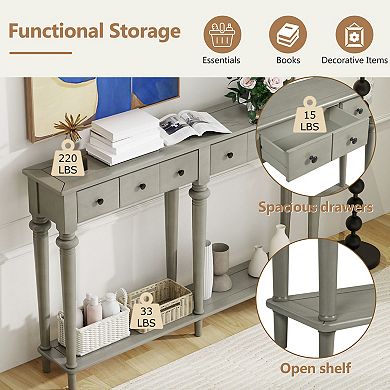 Trikiousd Retro Console Table Entryway Table with 4 Drawers & Open Shelf