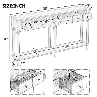 Trikiousd Retro Console Table Entryway Table with 4 Drawers & Open Shelf