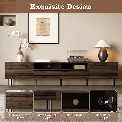 Trikiousd Modern Slatted Door TV Stand for 85-Inch TV with Storage Console