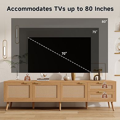 Trikiousd Rattan Door TV Stand for 80-Inch TV with Storage and Cable Management