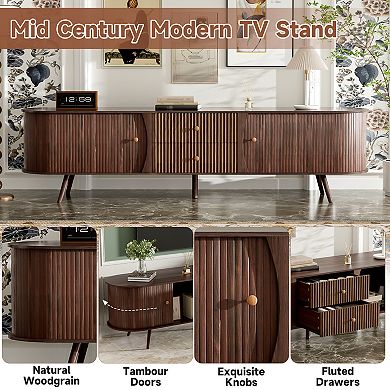 Trikiousd Mid Century Modern TV Stand with Tambour Doors and Fluted Drawers