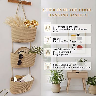 Jute Hanging Baskets 3 Tier for Door Wall Organization