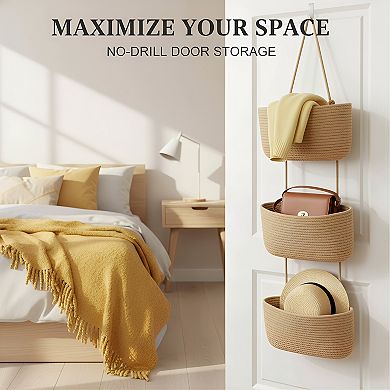 Jute Hanging Baskets 3 Tier for Door Wall Organization
