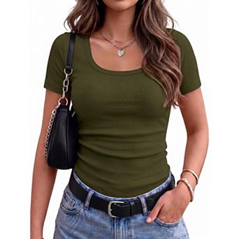 Zeagoo Women's Short Sleeve Scoop Neck Rib Knit Slim Fit Casual Business Work Tee Tops