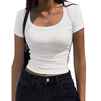 Zeagoo Women's Short Sleeve Scoop Neck Rib Knit Slim Fit Casual Business Work Tee Tops