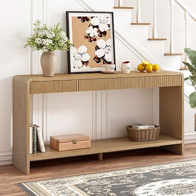 Trikiousd Modern 3-Drawer Console Table with Vertical Slats and Round Edges