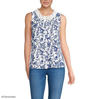 Women's Lands' End Lightweight Jersey Button Front Lace Trim Tank Top