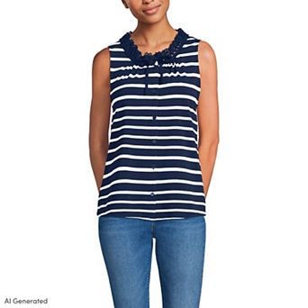 Women's Lands' End Lightweight Jersey Button Front Lace Trim Tank Top