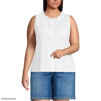 Plus Size Lands' End Lightweight Jersey Button Front Lace Trim Tank Top