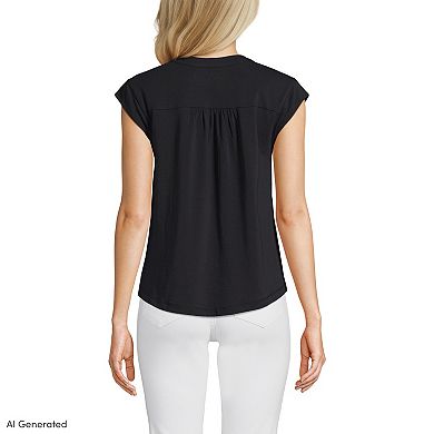 Women's Lands' End Cap Sleeve Lightweight Jersey Lace Shoulder Tee