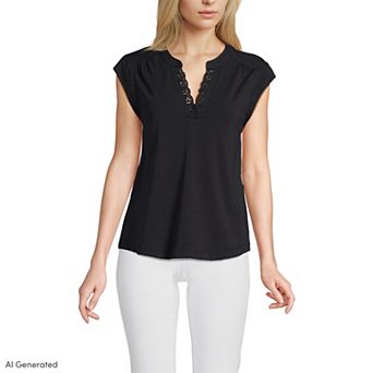 Women's Lands' End Cap Sleeve Lightweight Jersey Lace Shoulder Tee
