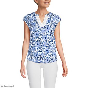 Women's Lands' End Cap Sleeve Lightweight Jersey Lace Shoulder Tee