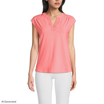 Women's Lands' End Cap Sleeve Lightweight Jersey Lace Shoulder Tee