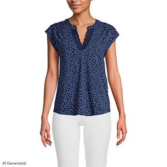 Women's Lands' End Cap Sleeve Lightweight Jersey Lace Shoulder Tee