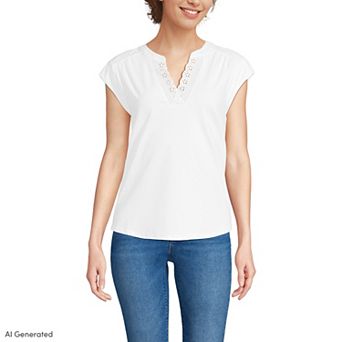Women's Lands' End Cap Sleeve Lightweight Jersey Lace Shoulder Tee
