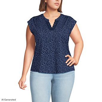 Plus Size Lands' End Cap Sleeve Lightweight Jersey Lace Shoulder Tee