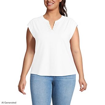 Plus Size Lands' End Cap Sleeve Lightweight Jersey Lace Shoulder Tee