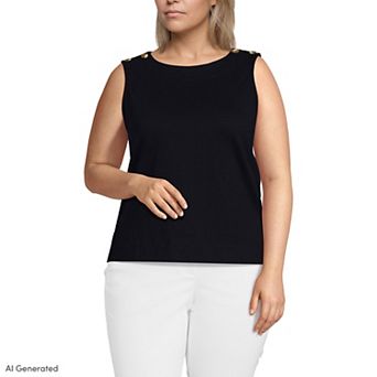 Plus Size Lands' End Sleeveless Mariner Cotton Button Shoulder Tank Top