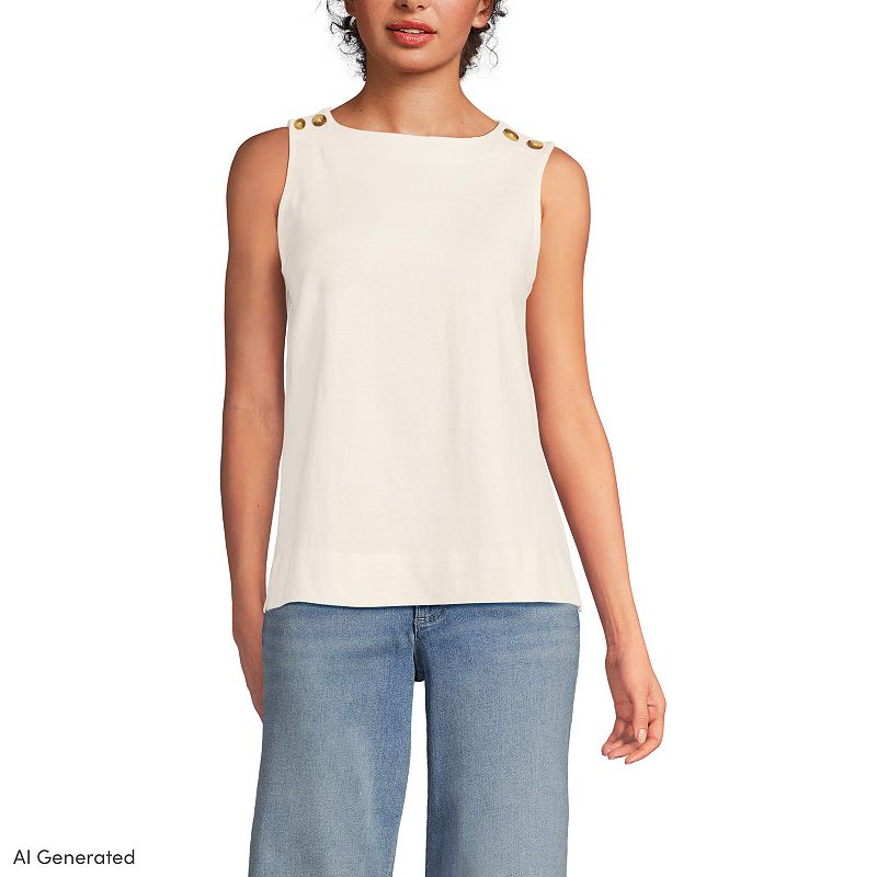 Women's Lands' End Sleeveless Mariner Cotton Button Shoulder Tank Top,