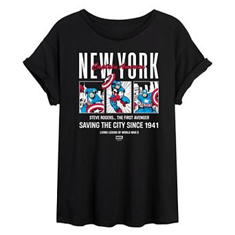 Juniors' Marvel Captain America New York Comic Panels Oversized Tee