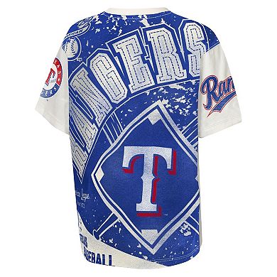 Youth Outerstuff Cream Texas Rangers Big League Top Player Bold All-Over-Print T-Shirt