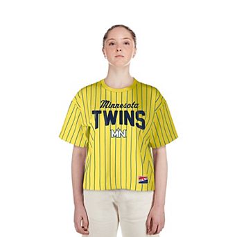 Women's New Era Yellow Minnesota Twins City Connect Multiplier Pinstripe Cropped T-Shirt