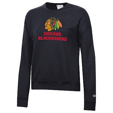 Women's Champion Black Chicago Blackhawks Wordmark Lockup Powerblend Sweatshirt