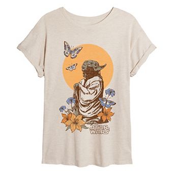 Juniors' Star Wars Yoda Botanical Distressed Oversized Tee
