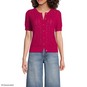 Women's Lands' End Cotton Viscose Short Sleeve Cardigan Sweater