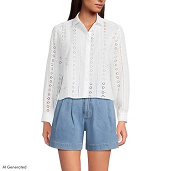 Women's Lands' End Eyelet Cropped Button Front Shirt