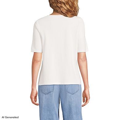 Women's Lands' End Elbow Sleeve Lightweight Jersey Pintuck Square Neck Top