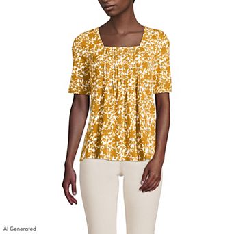 Women's Lands' End Elbow Sleeve Lightweight Jersey Pintuck Square Neck Top