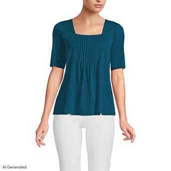 Women's Lands' End Elbow Sleeve Lightweight Jersey Pintuck Square Neck Top