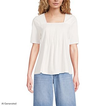 Women's Lands' End Elbow Sleeve Lightweight Jersey Pintuck Square Neck Top