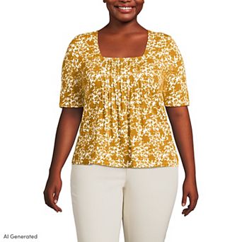 Plus Size Lands' End Elbow Sleeve Lightweight Jersey Pintuck Square Neck Top