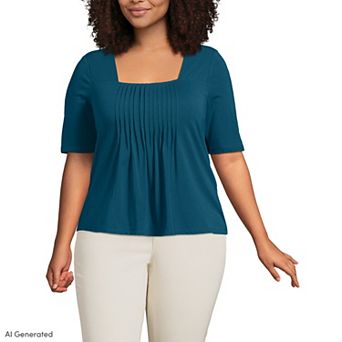 Plus Size Lands' End Elbow Sleeve Lightweight Jersey Pintuck Square Neck Top