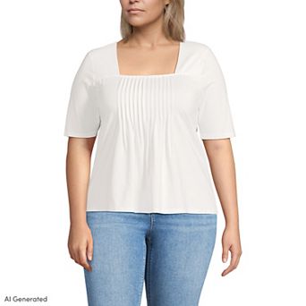 Plus Size Lands' End Elbow Sleeve Lightweight Jersey Pintuck Square Neck Top