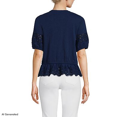 Women's Lands' End Elbow Sleeve Slub Lace Trim Adjustable Hem Top