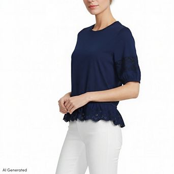 Women's Lands' End Elbow Sleeve Slub Lace Trim Adjustable Hem Top