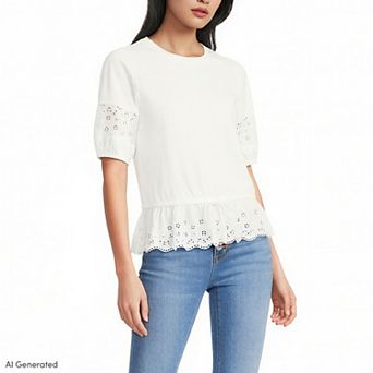 Women's Lands' End Elbow Sleeve Slub Lace Trim Adjustable Hem Top
